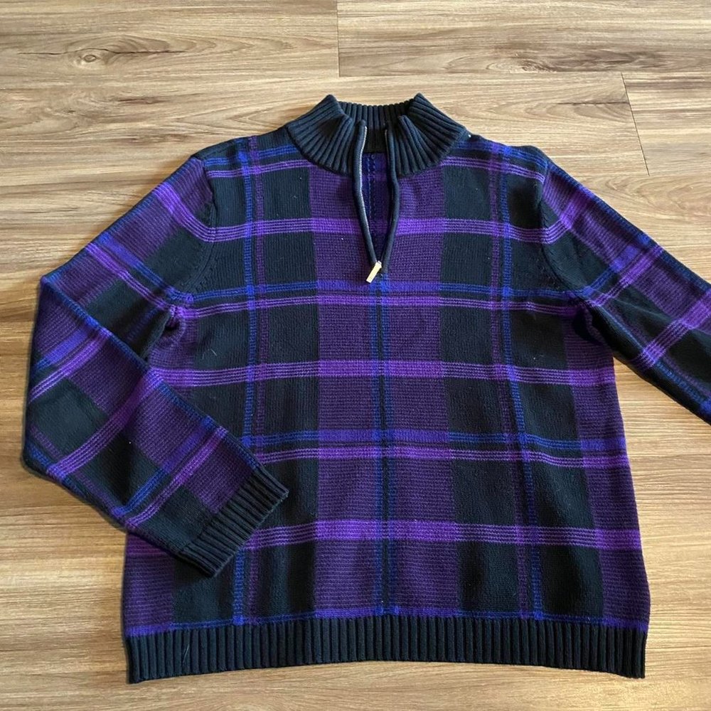 black and purple plaid half zip sweater size small/medium